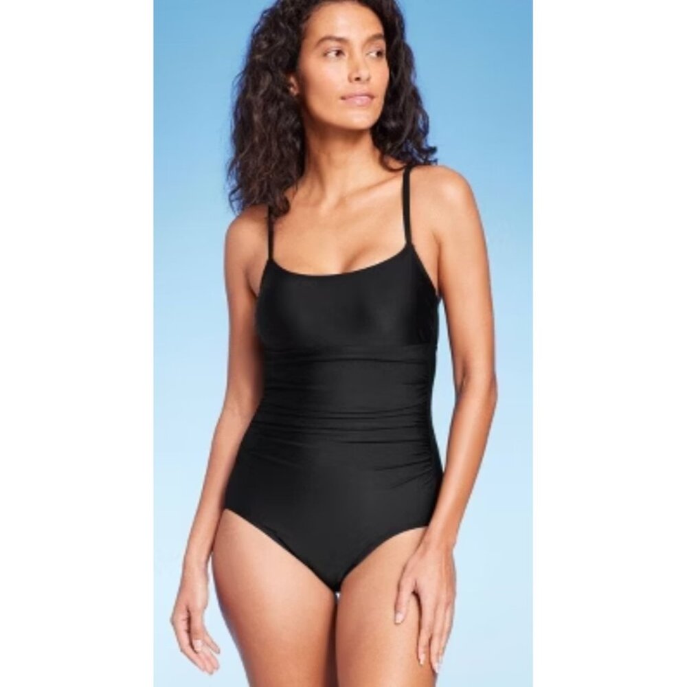 Kona Sol Black Shirred Full Seat Coverage One Piece Swimsuit L 12/14 NWT